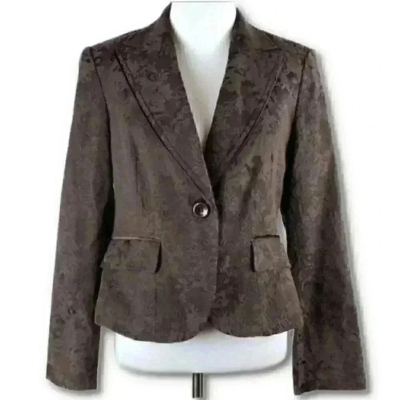 Style and Co petite stretch blazer sz 8p brown floral brocade one button jacket - Picture 1 of 10